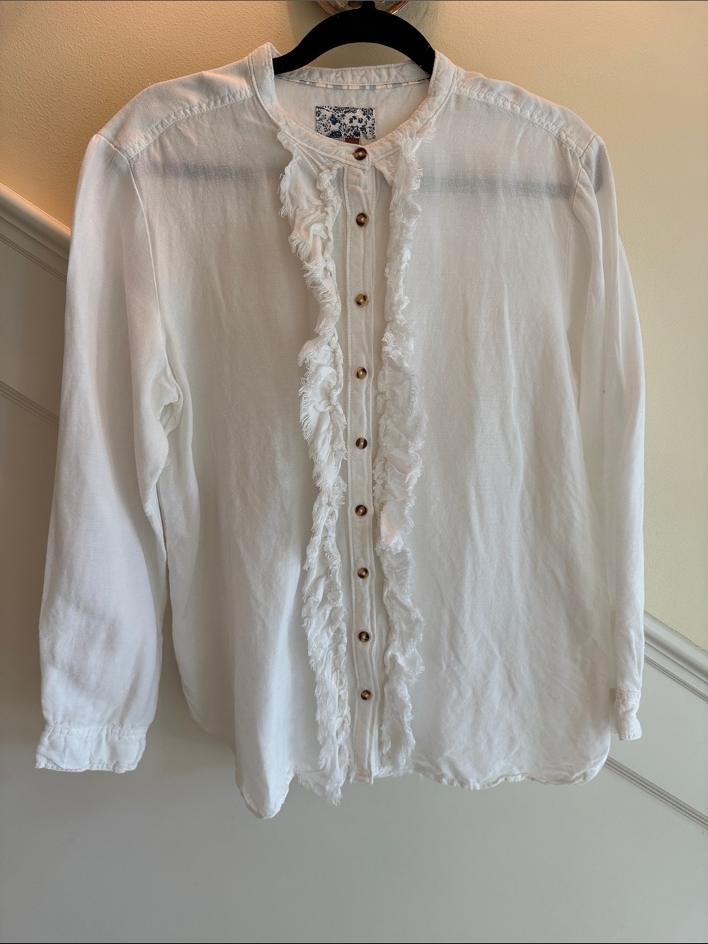 Anthropologie Pilcro White Ruffle-Trim Button Front Blouse